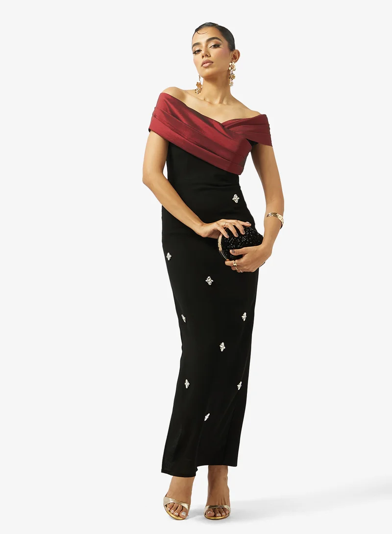 Akadia Fashion  DRAPED CROSS BUST BEADED CREPE DRESS for Women | Best Price UAE